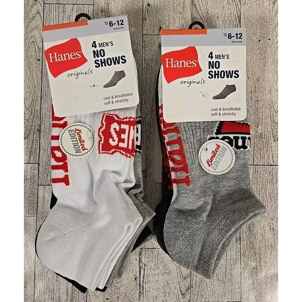 Hanes Socks NO SHOWS Mens 4pk Shoe Size 6-12 Lot of 2 Soft Stretchy Gray Black